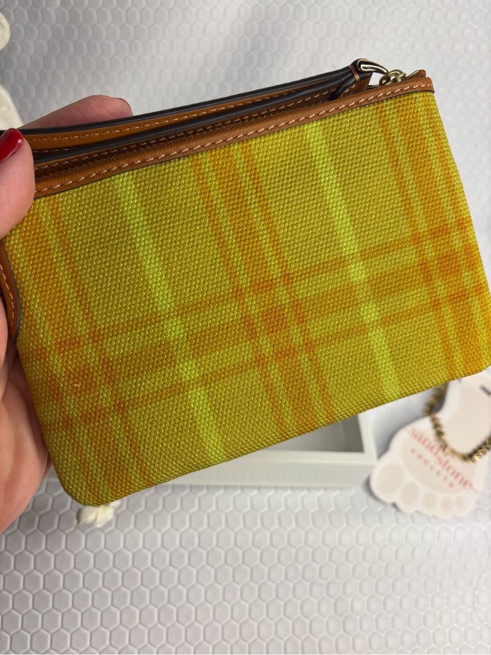 Coach Yellow And Amber Plaid Wristlet with Tan Trim - Picture 3 of 7